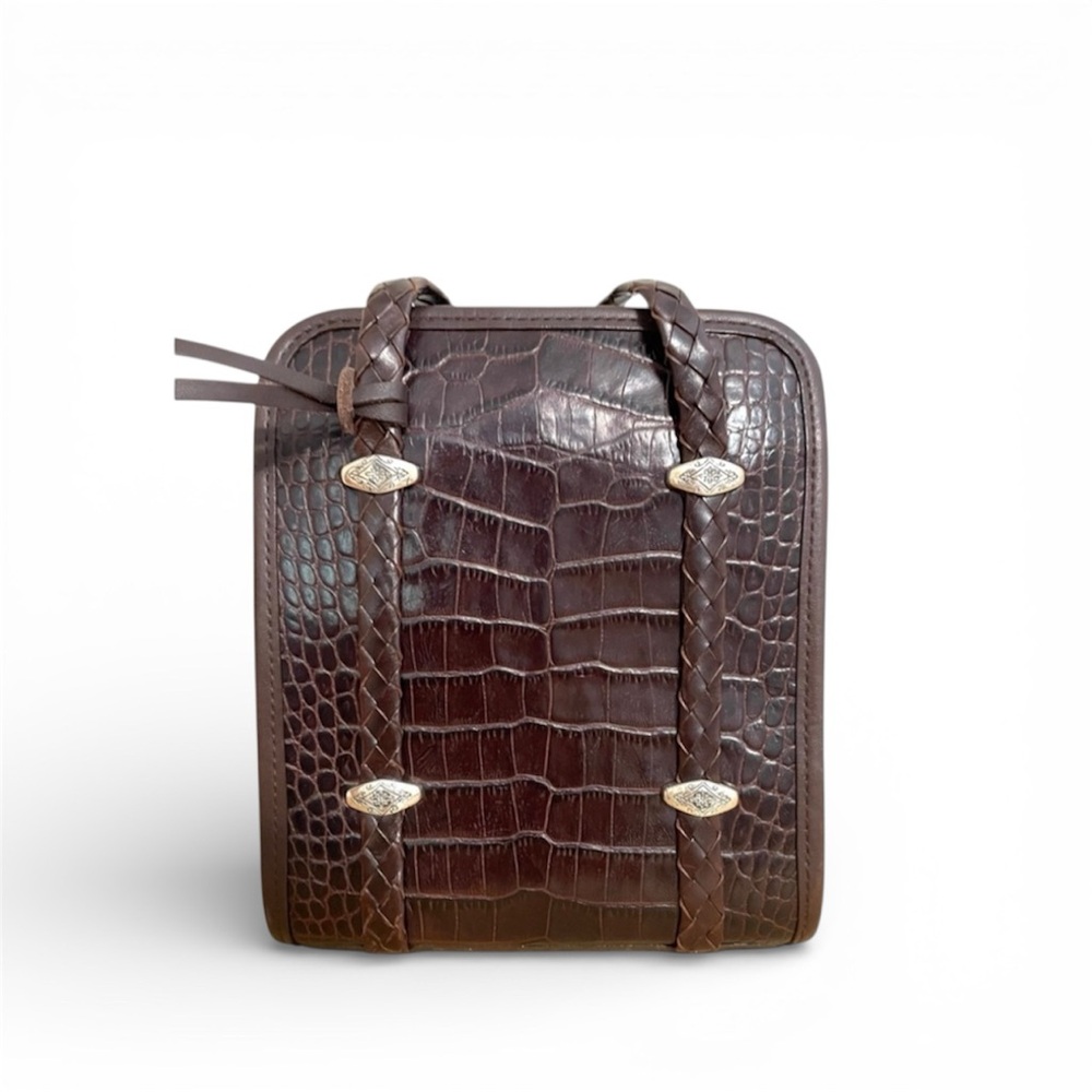 Brighton Chocolate Crocodile Embossed Leather Heart Charm Tote Bag‎
